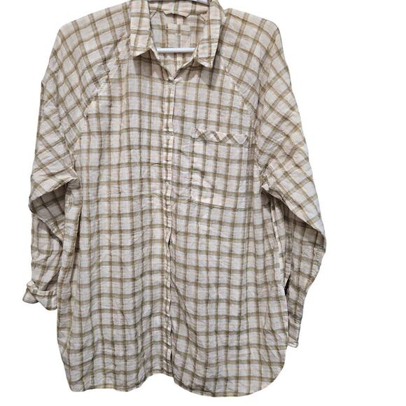 Aerie Plaid Button Front Blouse Cream Beige Check Small - Picture 1 of 9